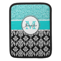 Girly, Teal, Glitter Black Damask Personalized Sleeves For iPads  at Zazzle