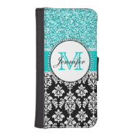 Girly, Teal, Glitter Black Damask Personalized Phone Wallets