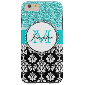 Girly, Teal, Glitter Black Damask Personalized