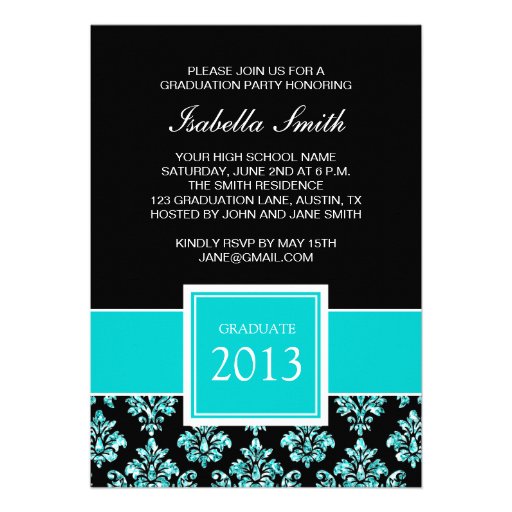 GIRLY TEAL GLITTER DAMASK GRAD PHOTO PERSONALIZED ANNOUNCEMENT