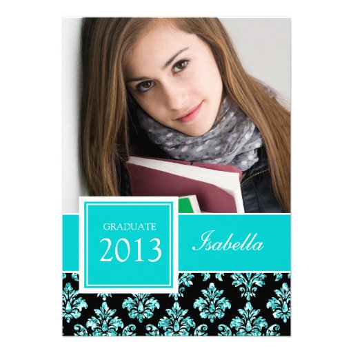 GIRLY TEAL GLITTER DAMASK GRAD PHOTO PERSONALIZED ANNOUNCEMENT (front side)