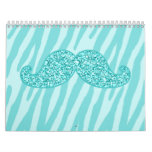 GIRLY TEAL GLITTER MUSTACHE ZEBRA STRIPES WALL CALENDARS