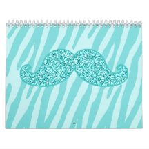 GIRLY TEAL GLITTER MUSTACHE ZEBRA STRIPES WALL CALENDARS