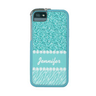 Girly, Teal Glitter, Zebra Stripes Personalized iPhone 5/5S Cases