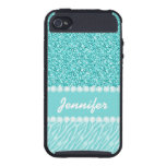 Girly, Teal Glitter, Zebra Stripes Personalized Case For iPhone 4