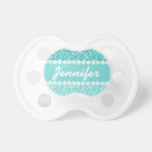 Girly, Teal Glitter, Zebra Stripes Personalized Baby Pacifiers