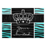 Girly turquoise and black zebra print crown invitations