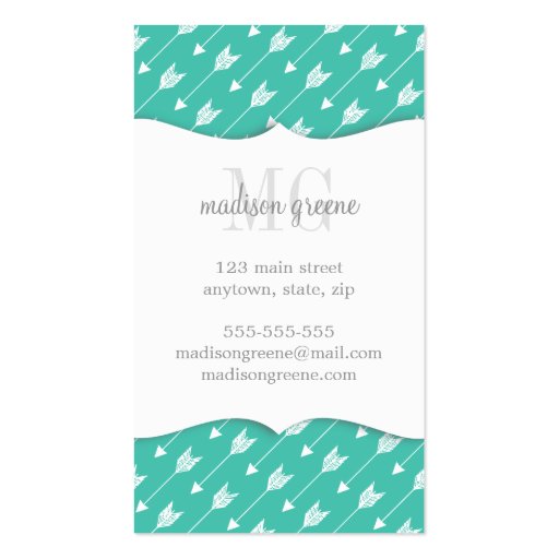 Girly Turquoise & brown Tribal Arrows Custom Business Cards (back side)