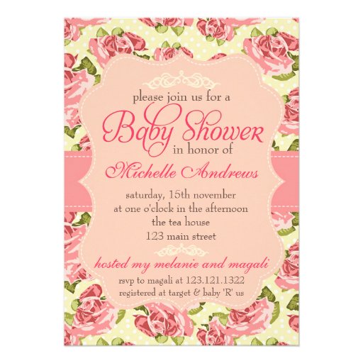 Girly Vintage Pink Roses Baby Shower Custom Announcement