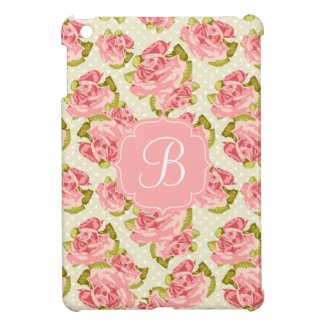 Girly Vintage Pink Roses Monogrammed iPad Mini Cover