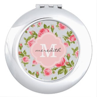Girly Vintage Roses Floral Monogram Vanity Mirrors