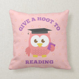 Give a Hoot to reading with pink owl Throw Pillow