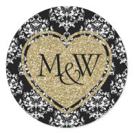 Glam Damask & Gold Glitter Monogram Wedding Sticker