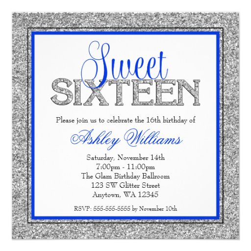 Glam Faux Glitter Silver Blue Sweet 16 Custom Invitation