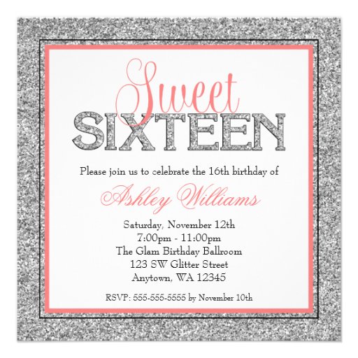 Glam Faux Glitter Silver Coral Sweet 16 Invite (front side)