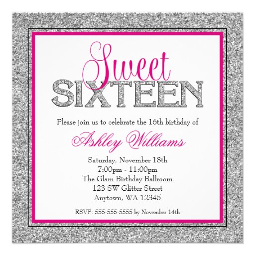 Glam Faux Glitter Silver Pink Sweet 16 Announcement