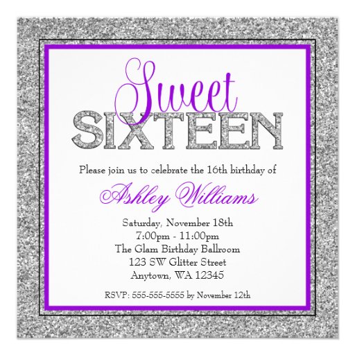 Glam Faux Glitter Silver Purple Sweet 16 Invitation