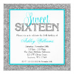 Glam Faux Glitter Silver Teal Blue Sweet 16 Card