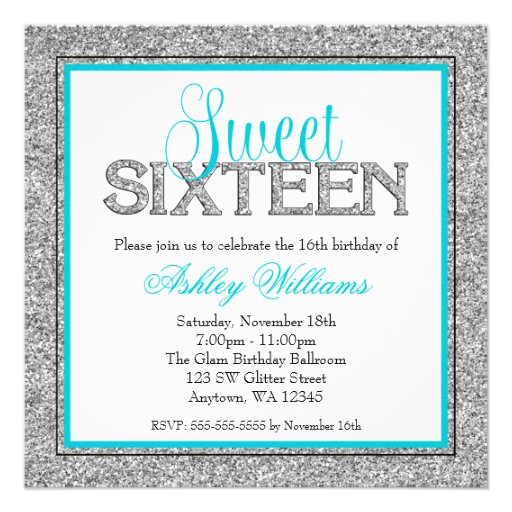 Glam Faux Glitter Silver Teal Blue Sweet 16 Personalized Invitation