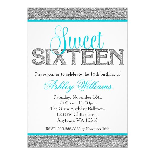 Glam Faux Glitter Silver Teal Blue Sweet 16 Custom Invitation (front side)