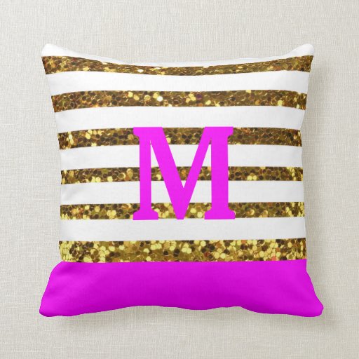 Glam/Hot Pink Gold Sequins Stripes/Personalized Throw Pillow Zazzle