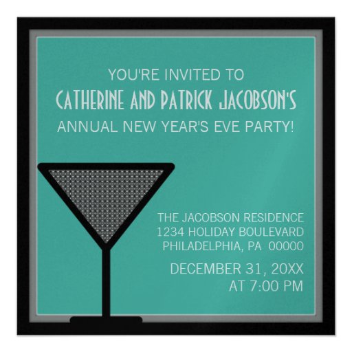 Glam Martini New Year's Invite, Teal (front side)