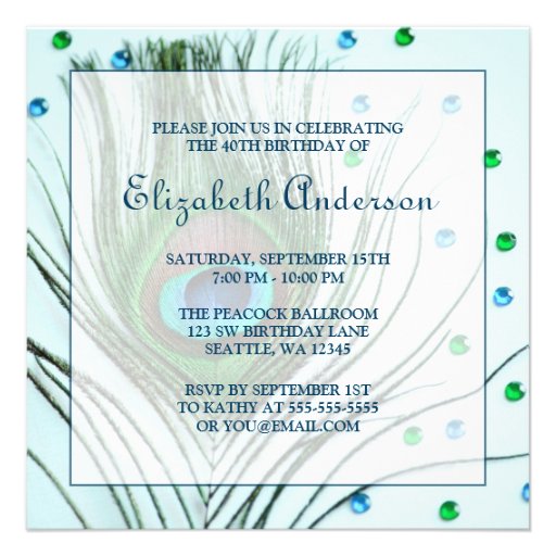 Glam Peacock Feather 40th Birthday Party Teal Custom Invite