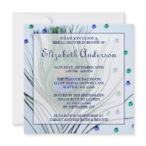 Glam Peacock Feather Blue Bridal Shower Custom Invite