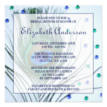 Glam Peacock Feather Blue Bridal Shower Custom Invite
