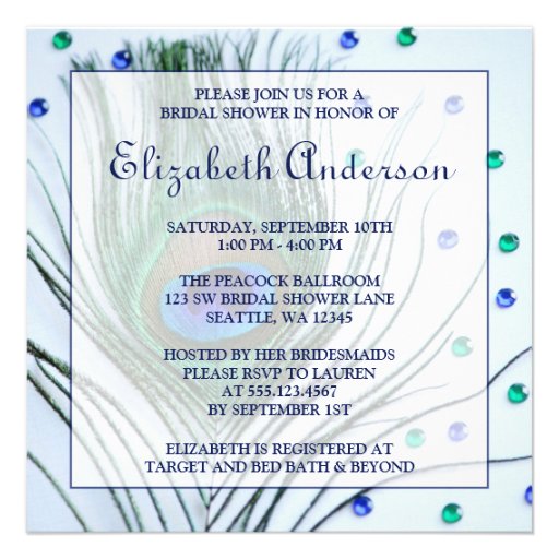 Glam Peacock Feather Blue Bridal Shower Custom Invite