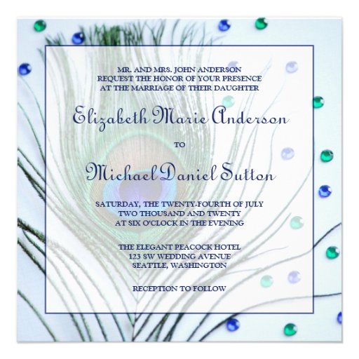 Glam Peacock Feather Blue Wedding Invitations