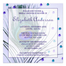 Glam Peacock Feather Purple Bridal Shower Custom Announcements