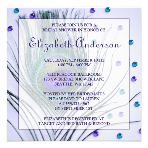 Glam Peacock Feather Purple Bridal Shower Custom Announcements