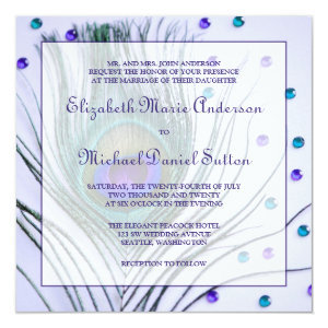 Glam Peacock Feather Purple Wedding 5.25x5.25 Square Paper Invitation Card