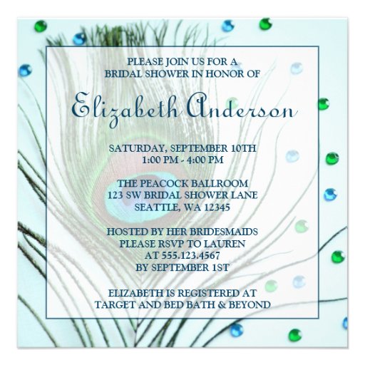 Glam Peacock Feather Teal Bridal Shower Personalized Invitations