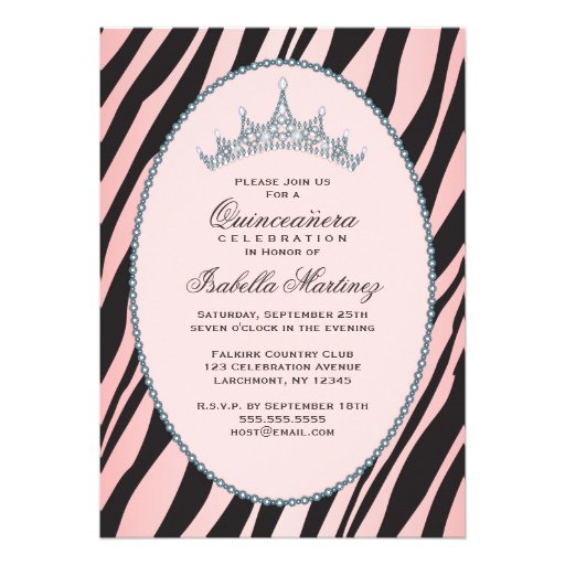 Glam Princess Tiara Zebra Pink Quinceanera Party Custom Invitation