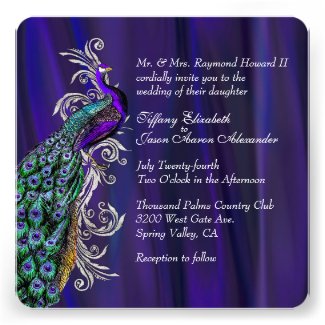 Glam Purple Satin and Peacock Wedding Invitation