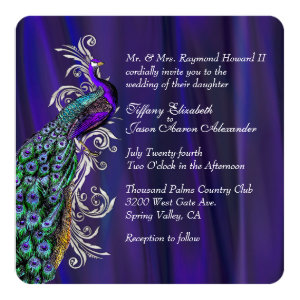 Glam Purple Satin and Peacock Wedding Invitation 5.25