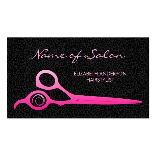 Glamorous Black Leopard Pink Hairstylist Scissors Business Card Templates (front side)