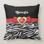 Glamorous Black white zebra print, red bow & jewel Throw Pillows