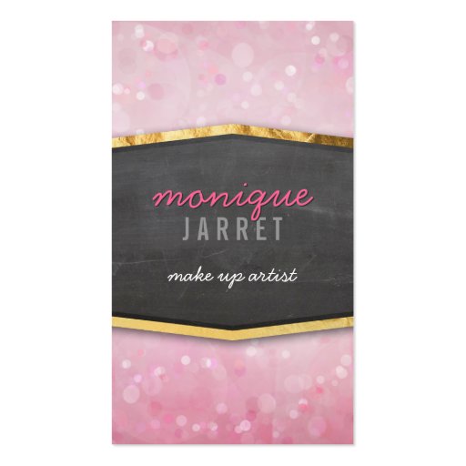 GLAMOROUS gold foil chalkboard panel pink bokeh Business Card Template (front side)
