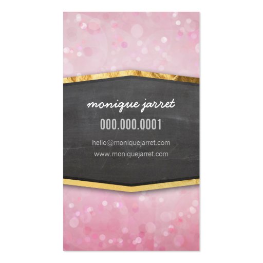 GLAMOROUS gold foil chalkboard panel pink bokeh Business Card Template (back side)