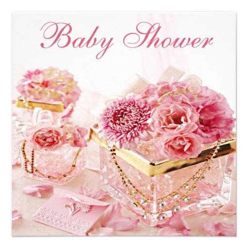 Glamorous Jewels, Pink Flowers & Boxes Baby Shower Invites (front side)