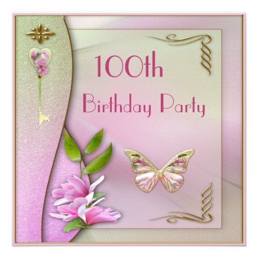 Glamorous Key, Magnolia & Butterfly 100th Birthday Invitations
