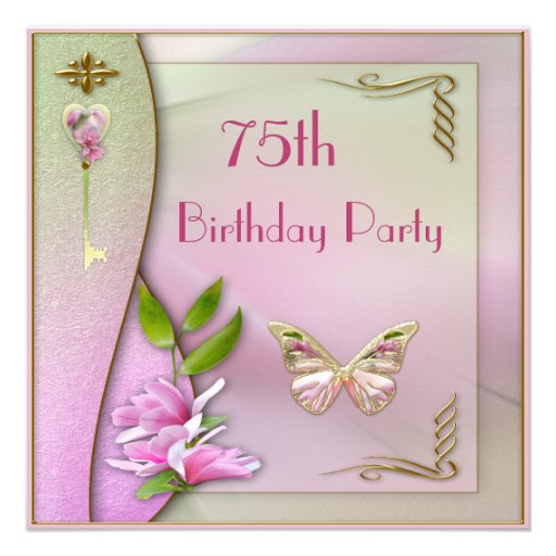 Glamorous Key, Magnolia & Butterfly 75th Birthday Invites