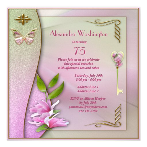 Glamorous Key, Magnolia & Butterfly 75th Birthday Invites