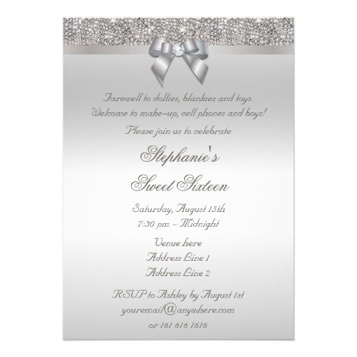 Glamorous Sweet 16 Faux Silver Sequins and Bow Personalized Invite
