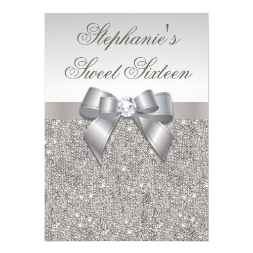 Glamorous Sweet 16 Faux Silver Sequins and Bow Personalized Invite