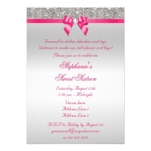 Glamorous Sweet 16 Silver Sequins Hot Pink Bow Invitation