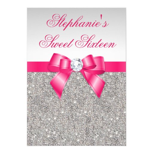 Glamorous Sweet 16 Silver Sequins Hot Pink Bow Invitation